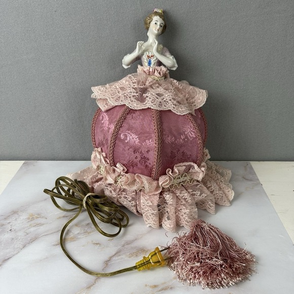 Antique PINK Boudoir Bed Headboard Lamp Light Shade Silk Lace Half Doll